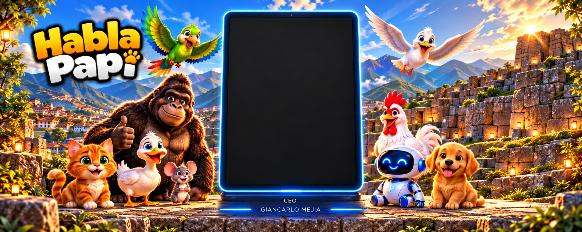 Portada horizontal de Habla Papi con todos los personajes alrededor de una tablet central